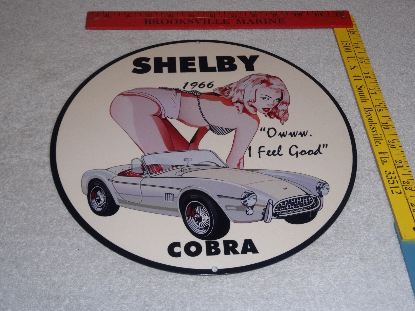 VINTAGE 1966 FORD SHELBY COBRA SPORTS CAR & WOMAN 12" METAL GASOLINE & OIL SIGN!