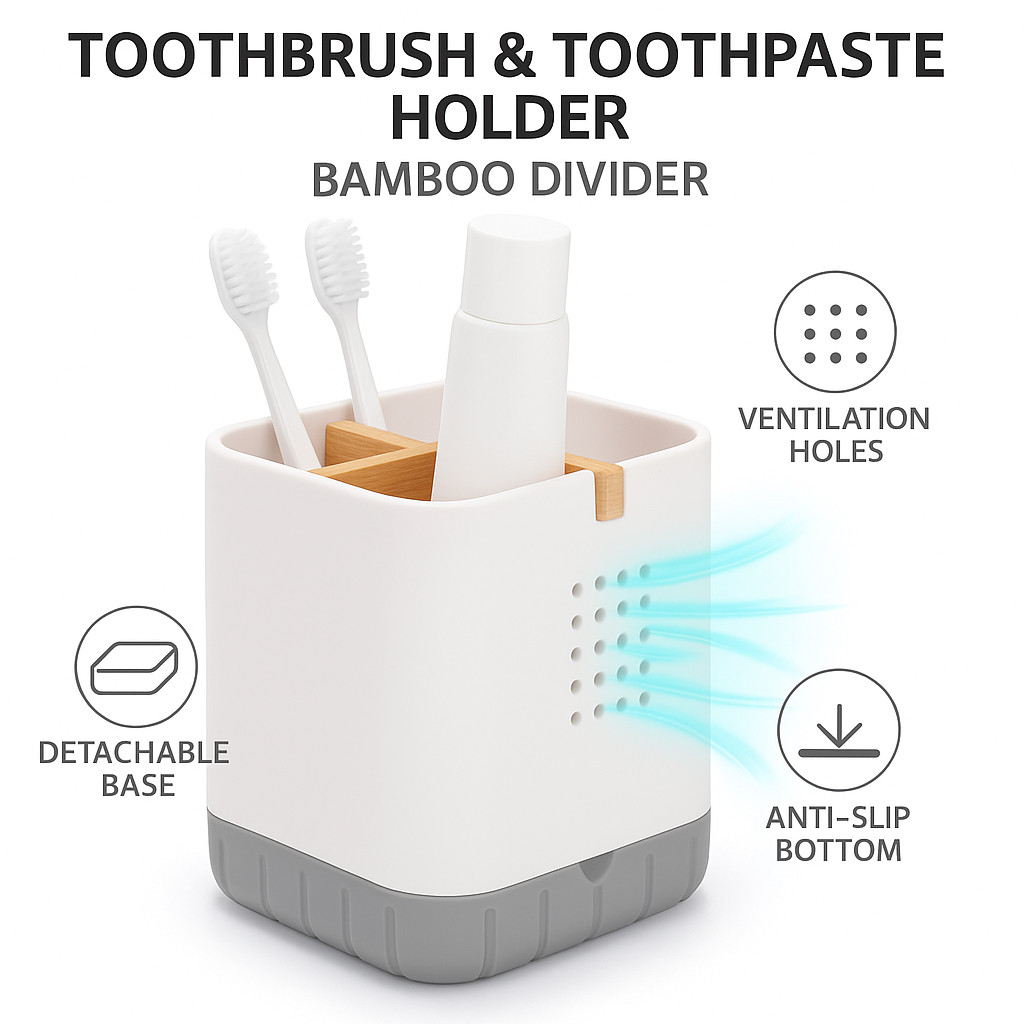 Toothbrush Toothpaste Holder Bathroom Countertop Organizer with Bamboo Divider