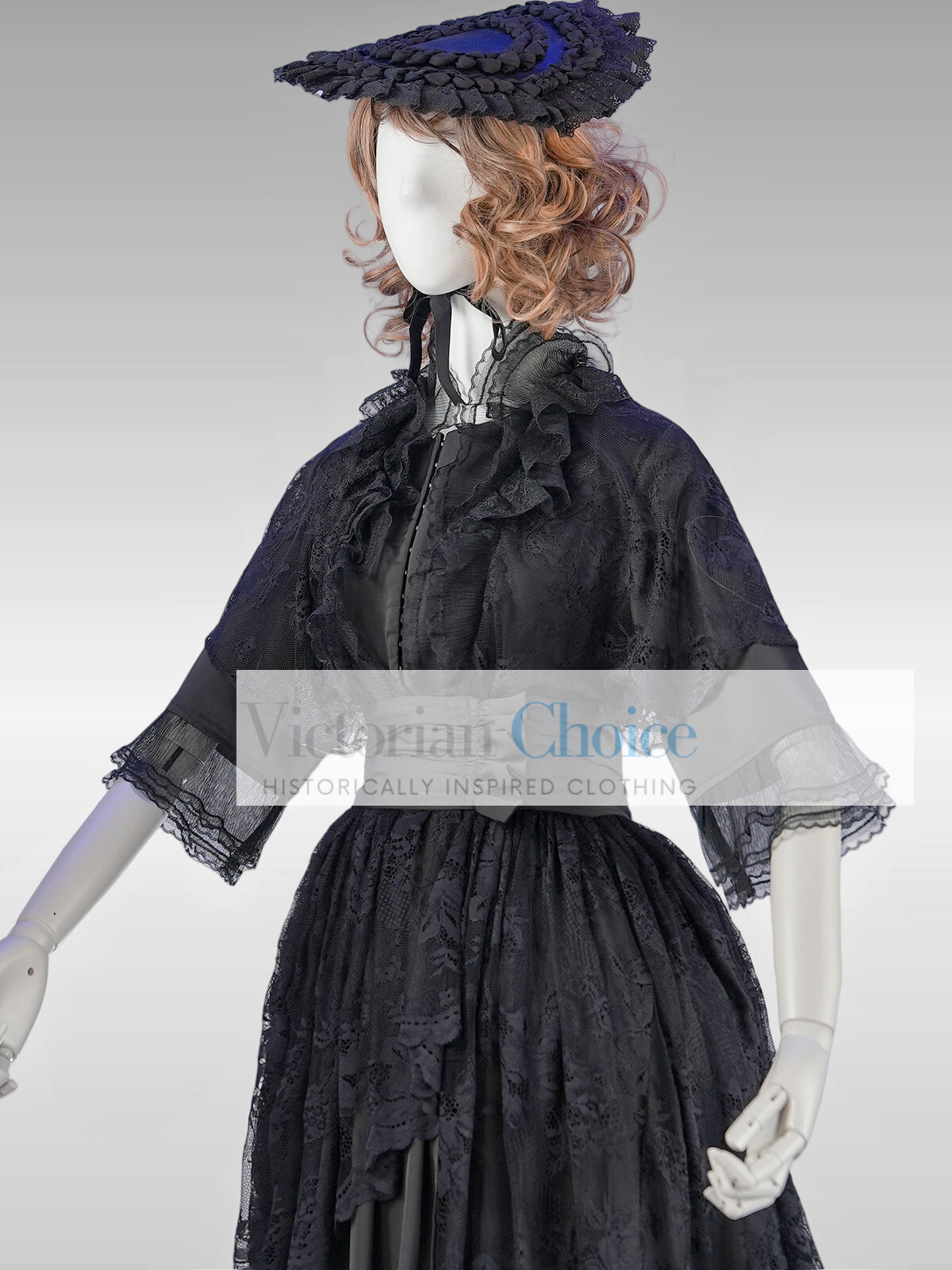 Black Victorian Edwardian Lace Overlay Romantic Gothic Wrapper Dress Theater 841