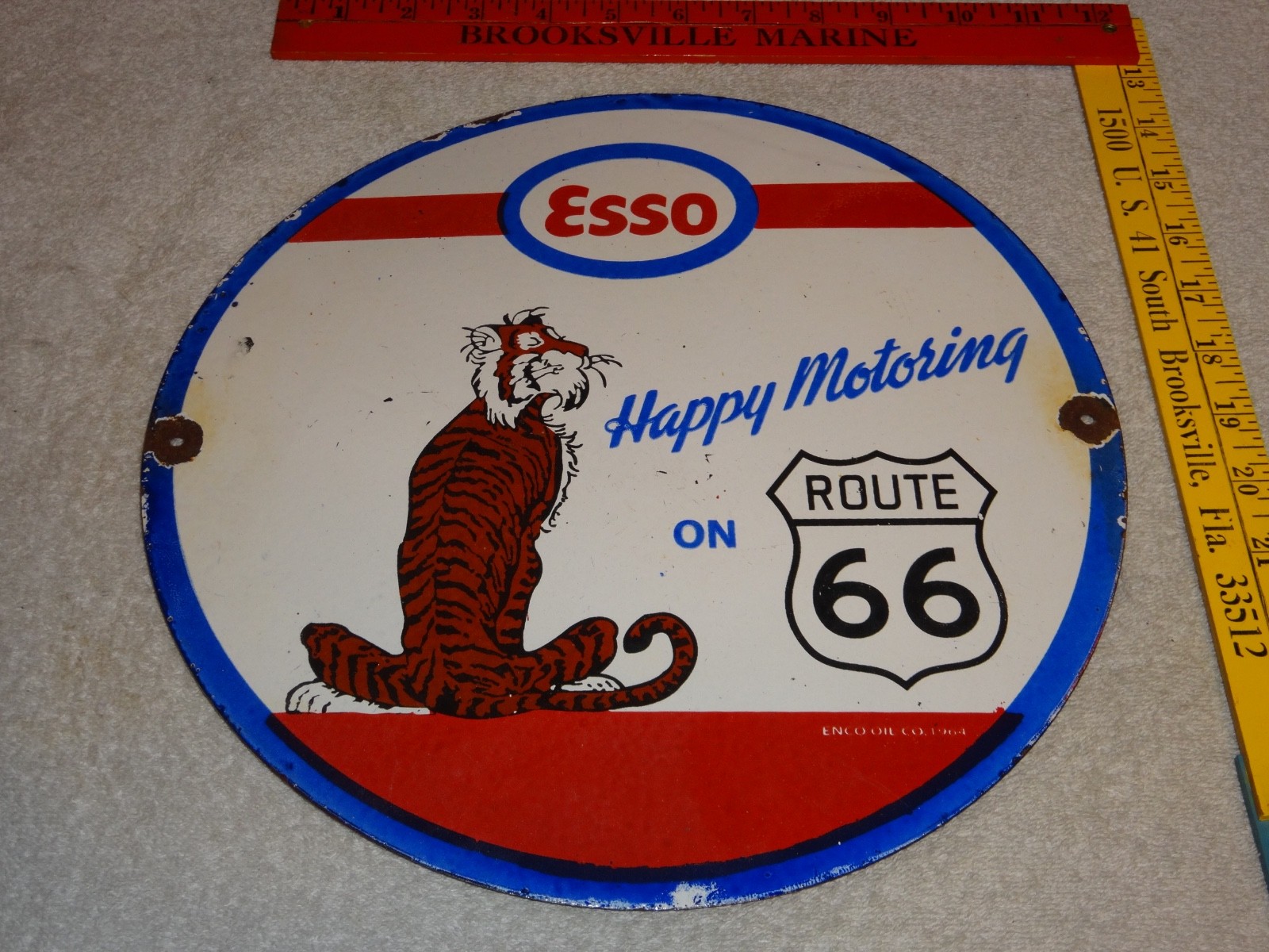 VINTAGE 1964 ESSO PUT A TIGER IN GAS TANK +ROUTE 66 11 3/4" PORCELAIN METAL SIGN