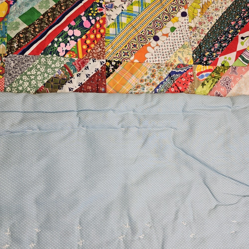 VTG Crazy String Pattern Scrap Handmade Quilt NOS Colorful Patchwork 84x92