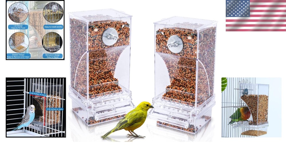 Transparent Automatic Bird Seed Feeders for Parrots - 2 Pack with Perches