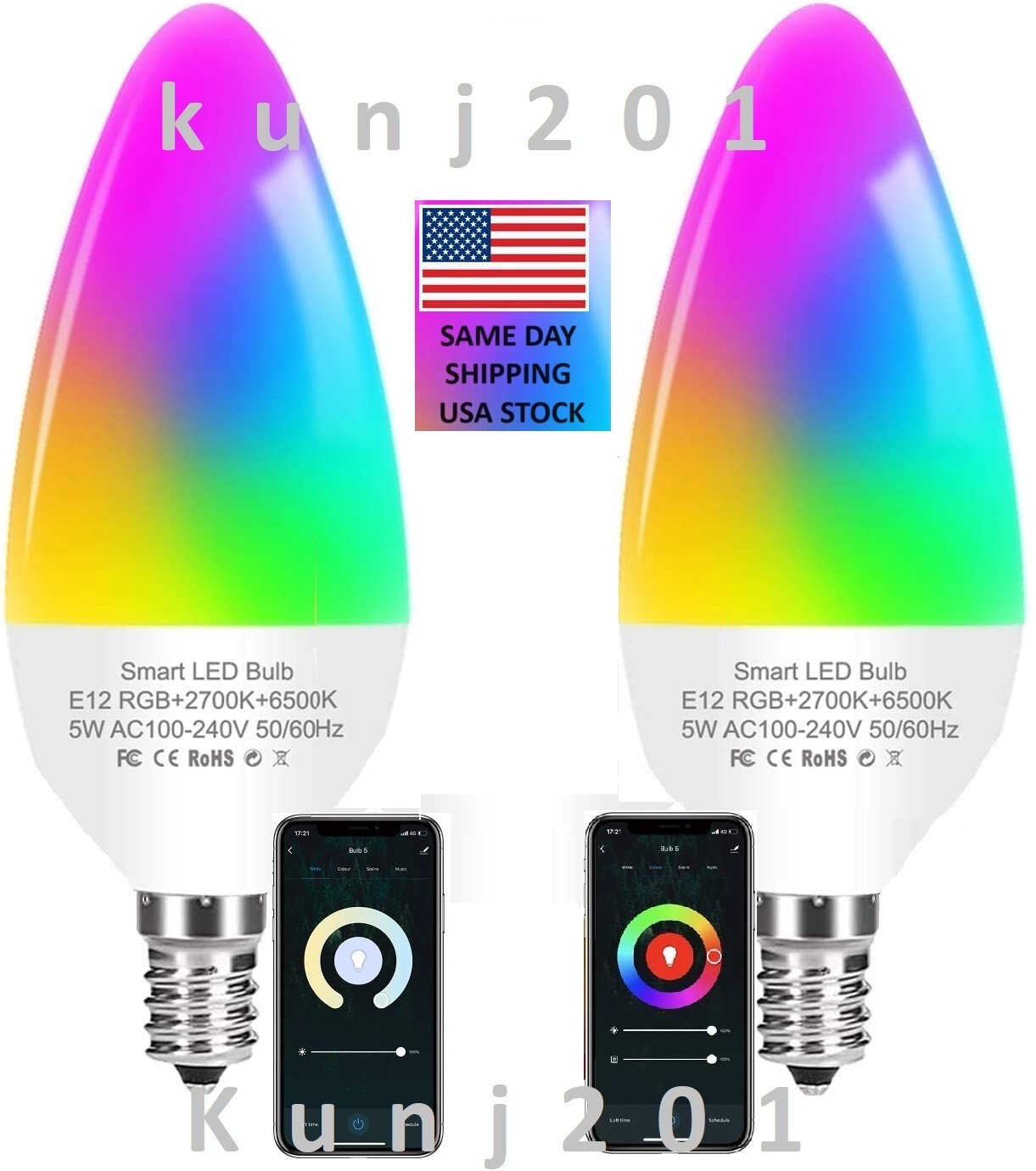 2Pcs E12 LED RGB Candelabra Smart Christmas Light Bulbs Google Alexa App control