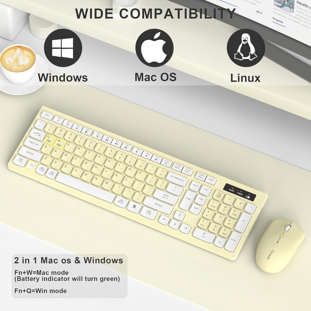 Full-Sized Wireless Keyboard and Mouse Combo 2.4GHz USB Receiver Adjustable DPI