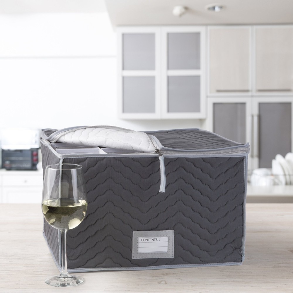 Richards Stemware Storage Chest -Deluxe Quilted Microfiber Light Gray 15.5