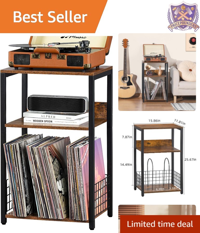 Compact 3-Tier End Table with Vinyl Storage - Stylish Design for Small Spaces