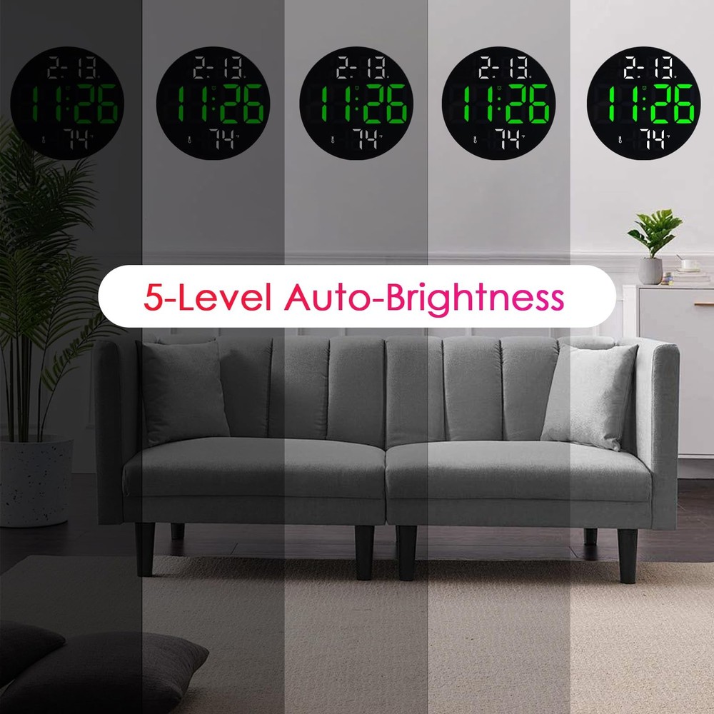 Digital Wall Clock with Large LED Display, 5-Brightness, Temperature, Low-Ref...