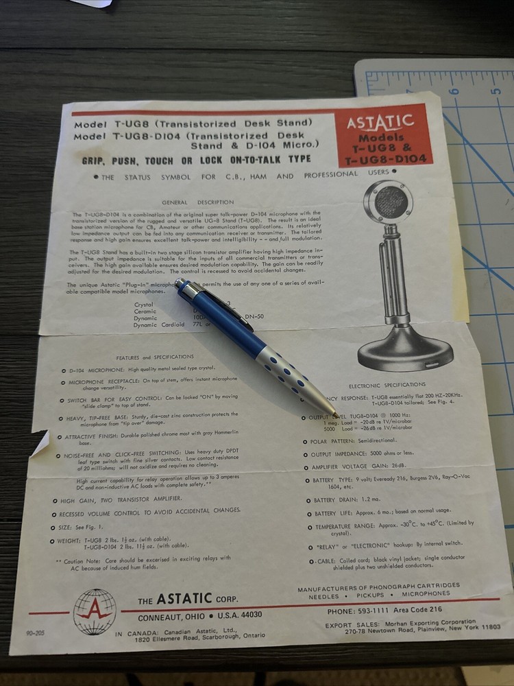 Original ASTATIC D104 Microphone SPEC SHEET