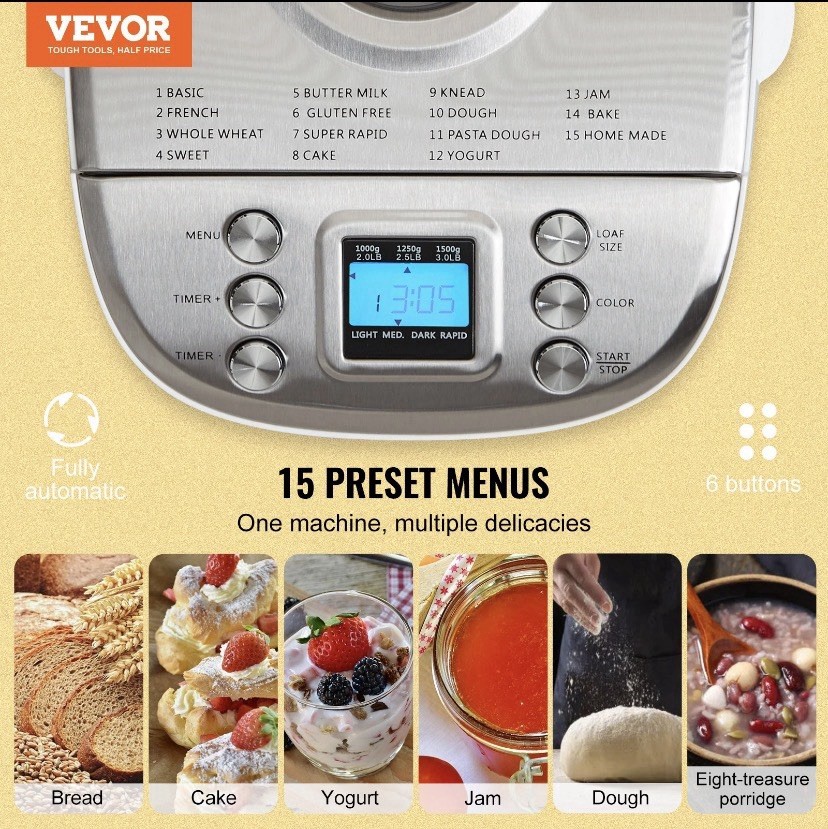 VEVOR 3LB 15-in-1 Bread Maker Automatic Compact Dough Machine Nonstick White