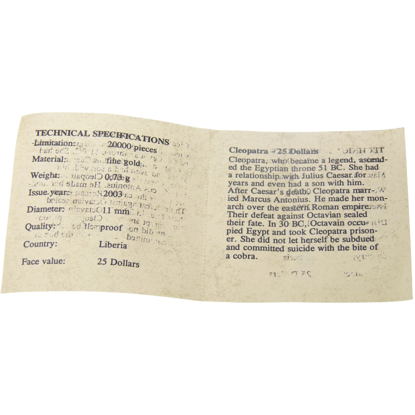 2003 Liberia $25 World's Smallest Gold Coin Cleopatra .999 Fine Gold w/ COA