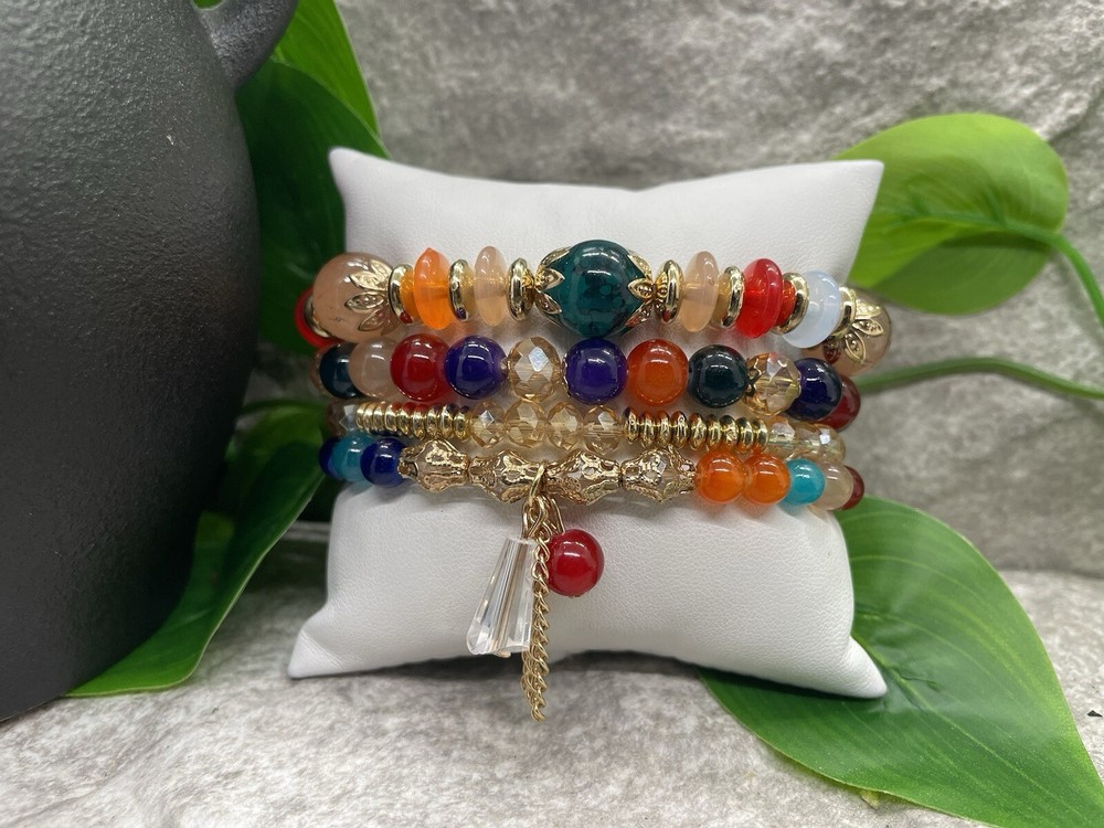 4 PC Handmade Boho Beaded Stackable 7” Plus Stretch Bracelet Set B2508