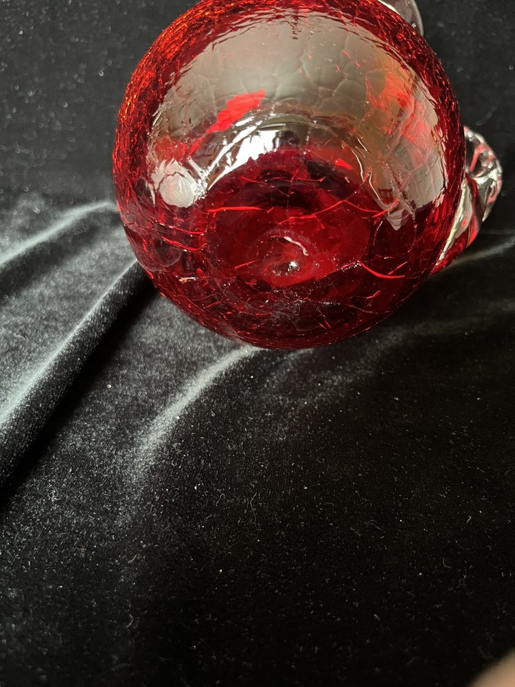 Hand Blown Rainbow Glass Ruby Red Crackle GlassPitcher w/Applied Clear Handle