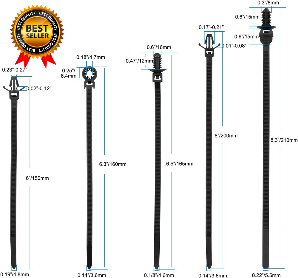 110 PCS Automotive Installation Black Push Mount Cable Zip