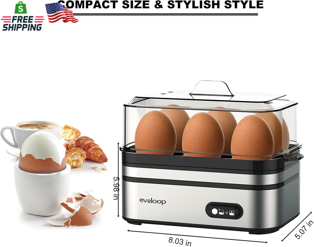 Evoloop Rapid Egg Cooker Electric 6 Eggs Capacity, Soft, Medium, Hard Boiled, Po
