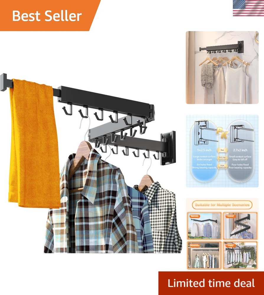 Clothes Drying Rack Wall Mount Folding Retractable Space Saving Black J Hooks