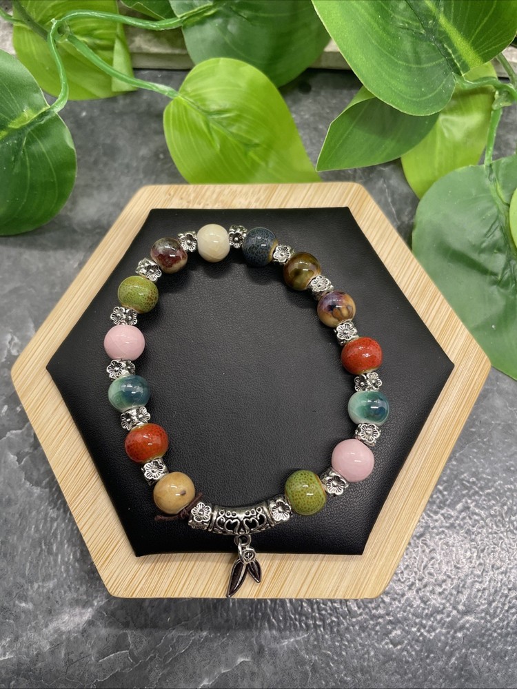 Handmade Ceramic Bead Beaded Stackable 6.5” Plus Stretch Bracelet New B221