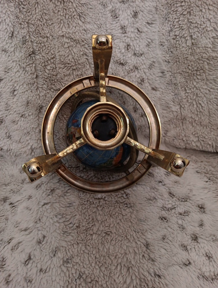 Gemstone Inlay Tabletop World Globe With Brass Frame & Compass 9" Tall
