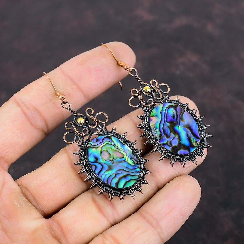 Abalone Shell Copper Valentine Gift Wire Wrapped Drop/Dangle Earrings 2.76"
