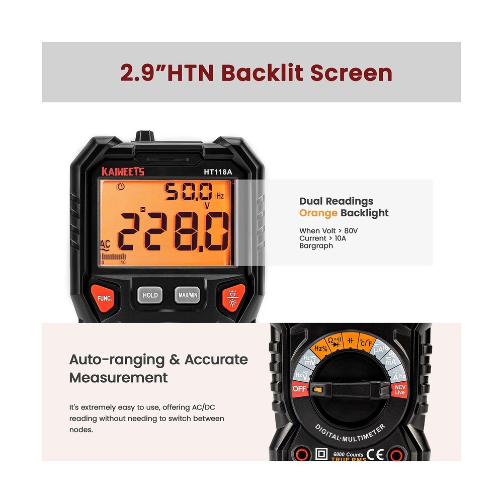 KAIWEETS Digital Multimeter TRMS 6000 Counts Voltmeter Auto-Ranging Fast Accu...