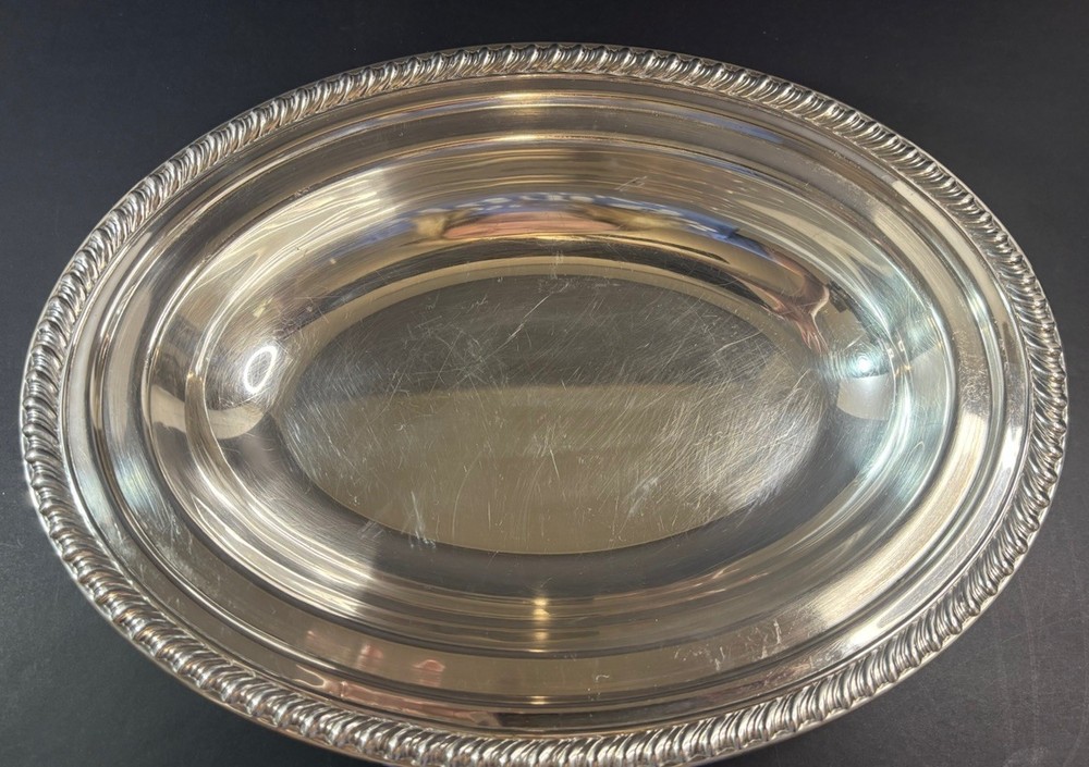 Silver-Plated Serving Bowl/Tray Rope Edge Pattern  Unmarked 12”X 9”