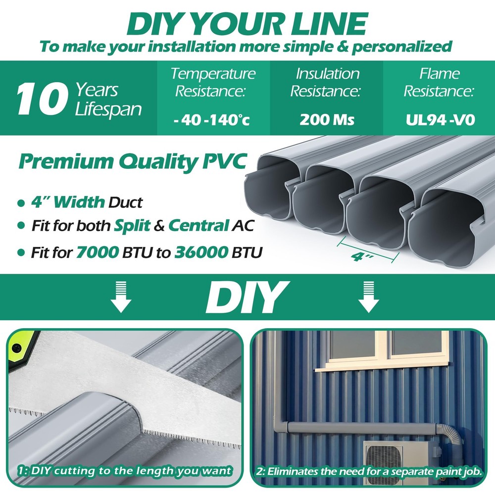 4'' 17 Ft Mini-Split Line Set Covers, Line Hide Cover Kit for Mini Split Air ...