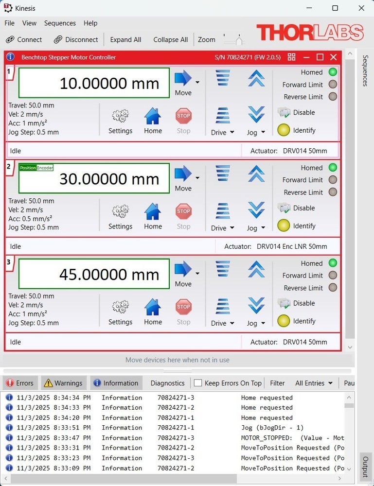 Thorlabs 3-axis system: 3 LNR50/M 50mm, 3 DRV014, BSC103, GUI & Python Control