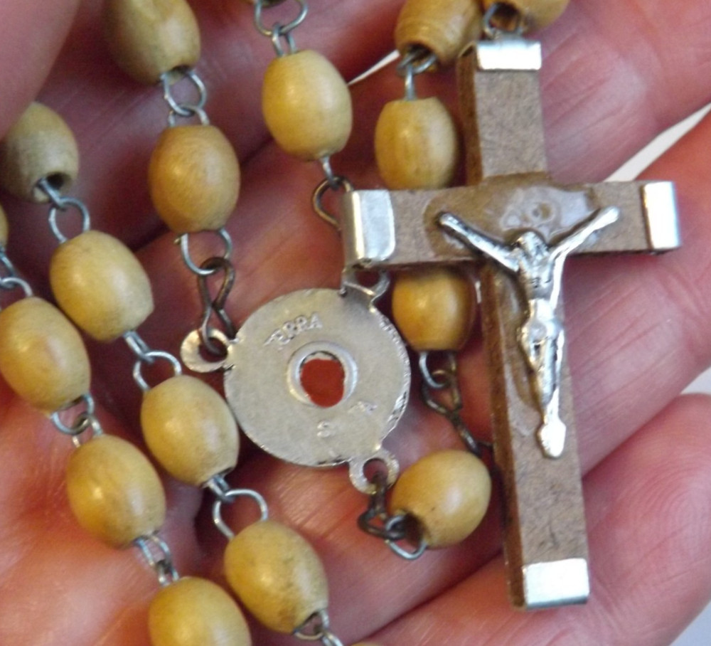 Wood bead rosary Terra Santa soil relic Jerusalem Bethlehem encased crucifix