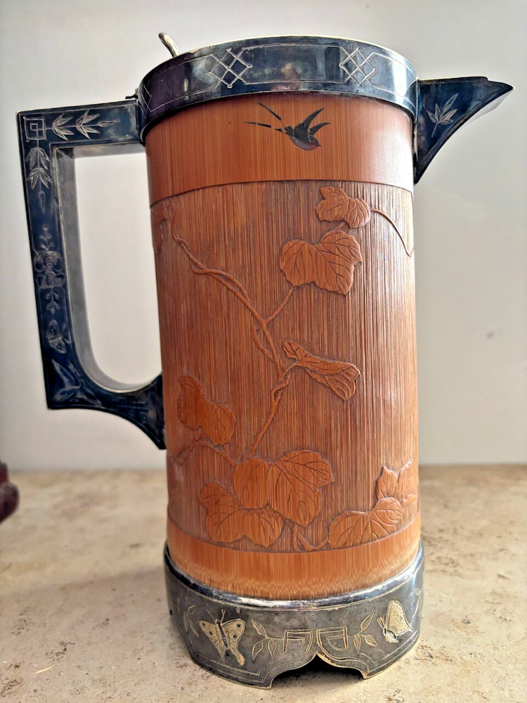AESTHETIC MOVEMENT SILVER AND CARVED BAMBOO PITCHER
