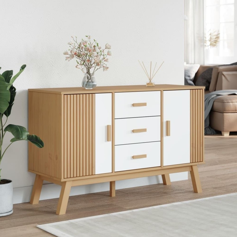 Sideboard White Brown Solid Pine Wood Kitchen Storage Cabinet for Dining Rooms