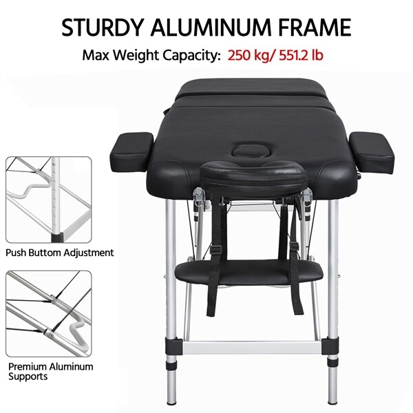 Aluminium Massage Table Portable Beauty Bed 3 Fold Tattoo Bed Black 84'' Renewed