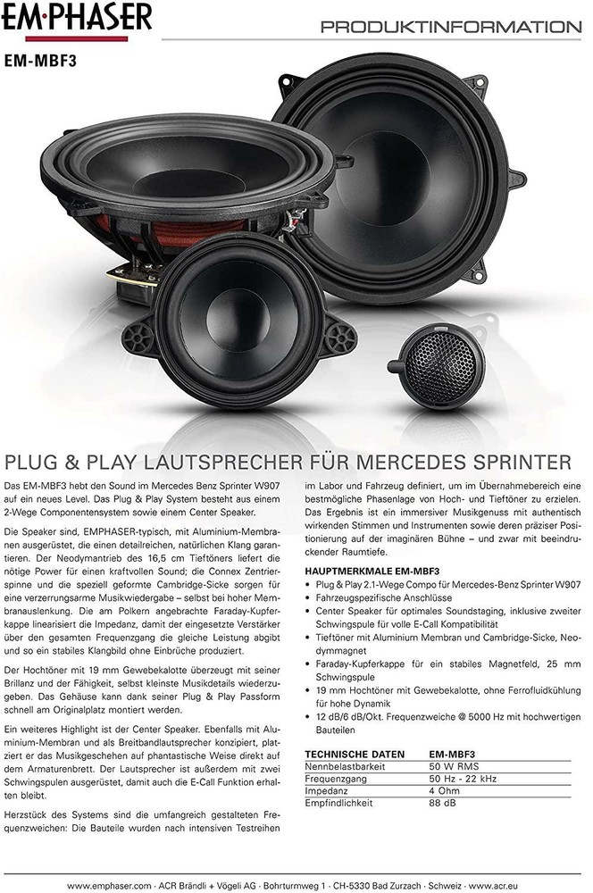EMPHASER EM-MBF3 Speaker 2.1 Front System For Mercedes Sprinter VS30, W907