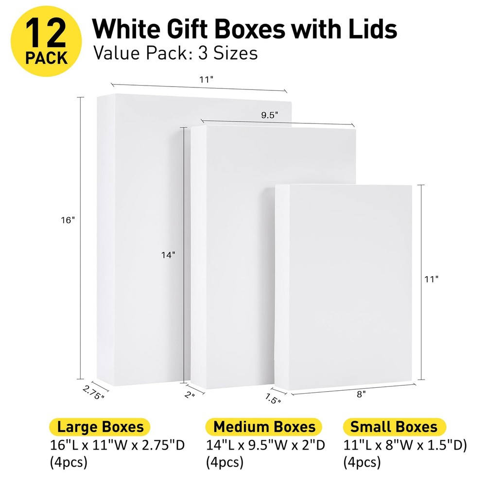 White Gift Boxes with Lids Assorted Sizes Present Packaging Storage 12 Pack