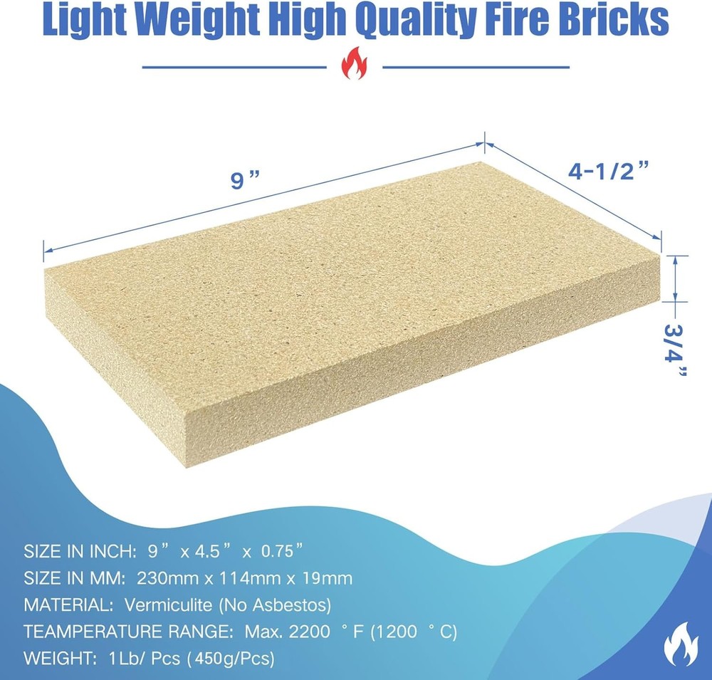 Firebricks, Fire Bricks, Size 9" X 4-1/2" X 3/4", High Temperature