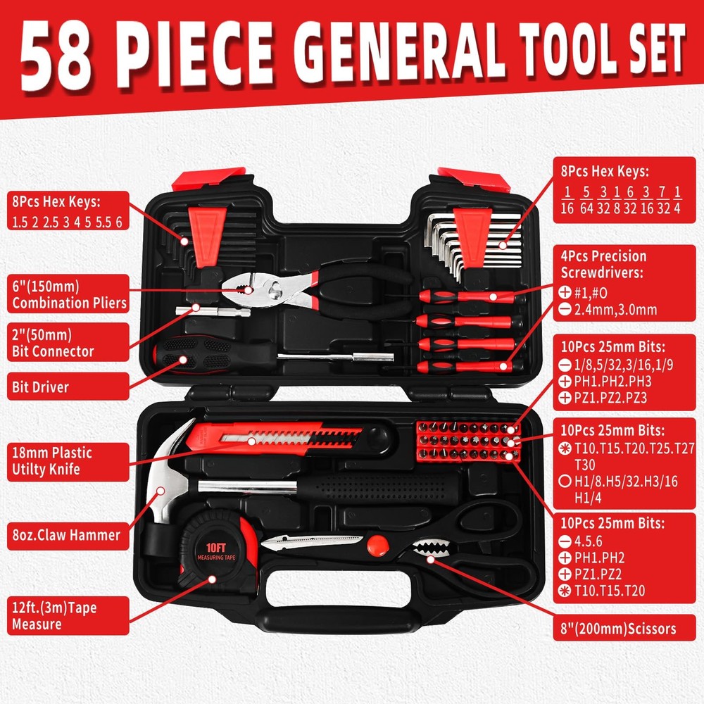 GETFOO 58-Piece Tool Kit Basic Home Repair Set, General 58-Piece, Red