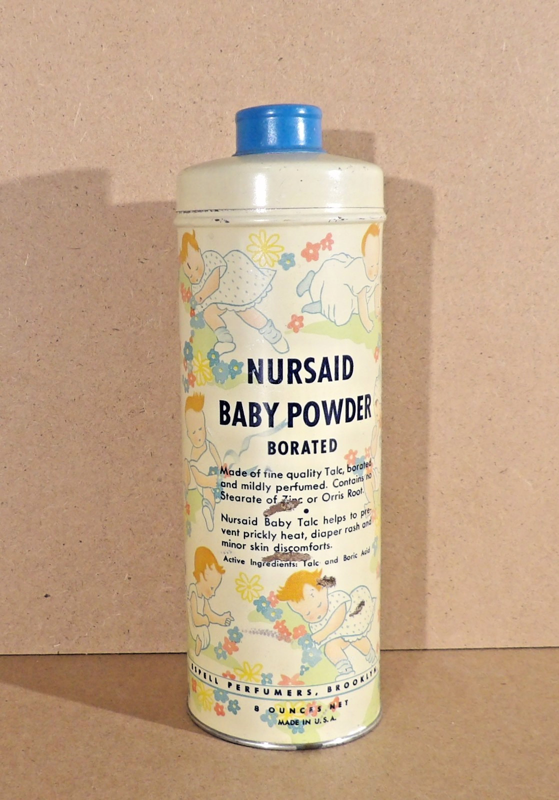 Vintage Nursaid Baby Powder Tin Litho Advertising Brooklyn NY Nursery Graphics