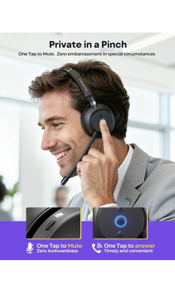 Wireless Headset with Mic for Work, Bluetooth Headphones with Microphone, Comput