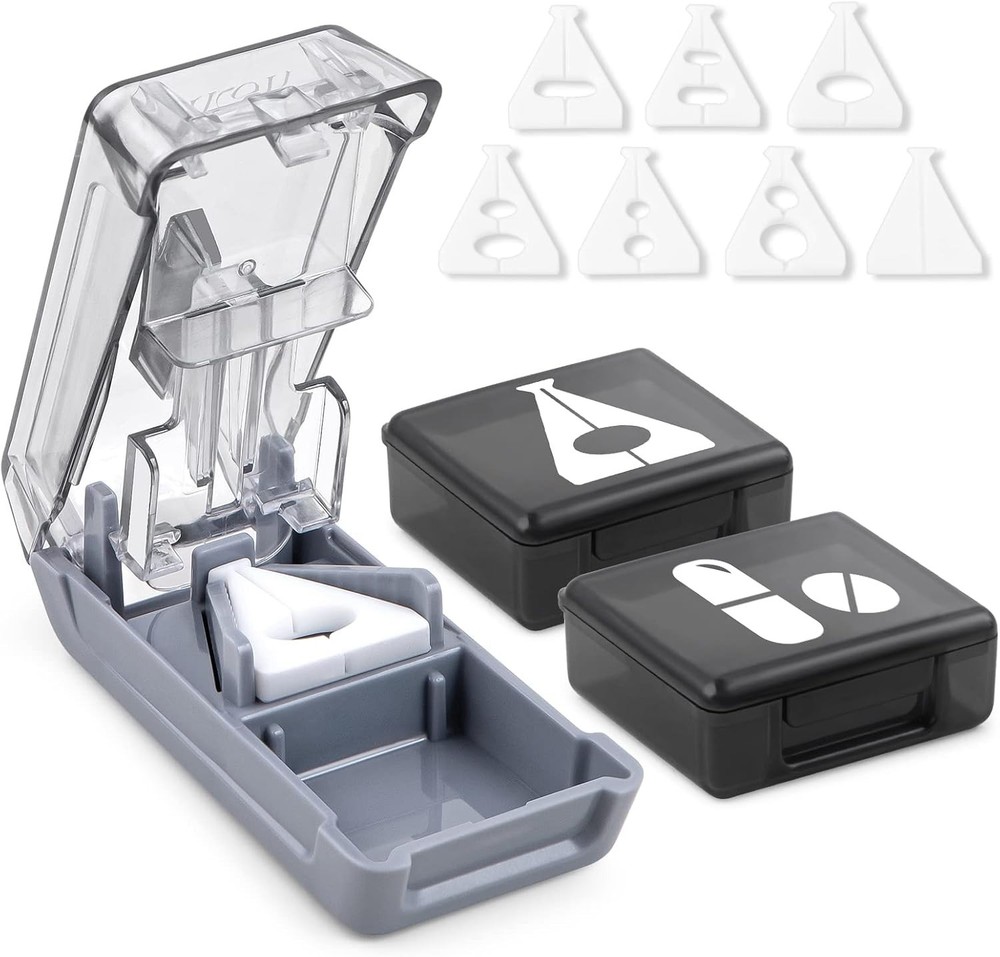 Compact Pill Splitter with Sharp Blade & 2 Large Organizers - Safe & Easy to Use