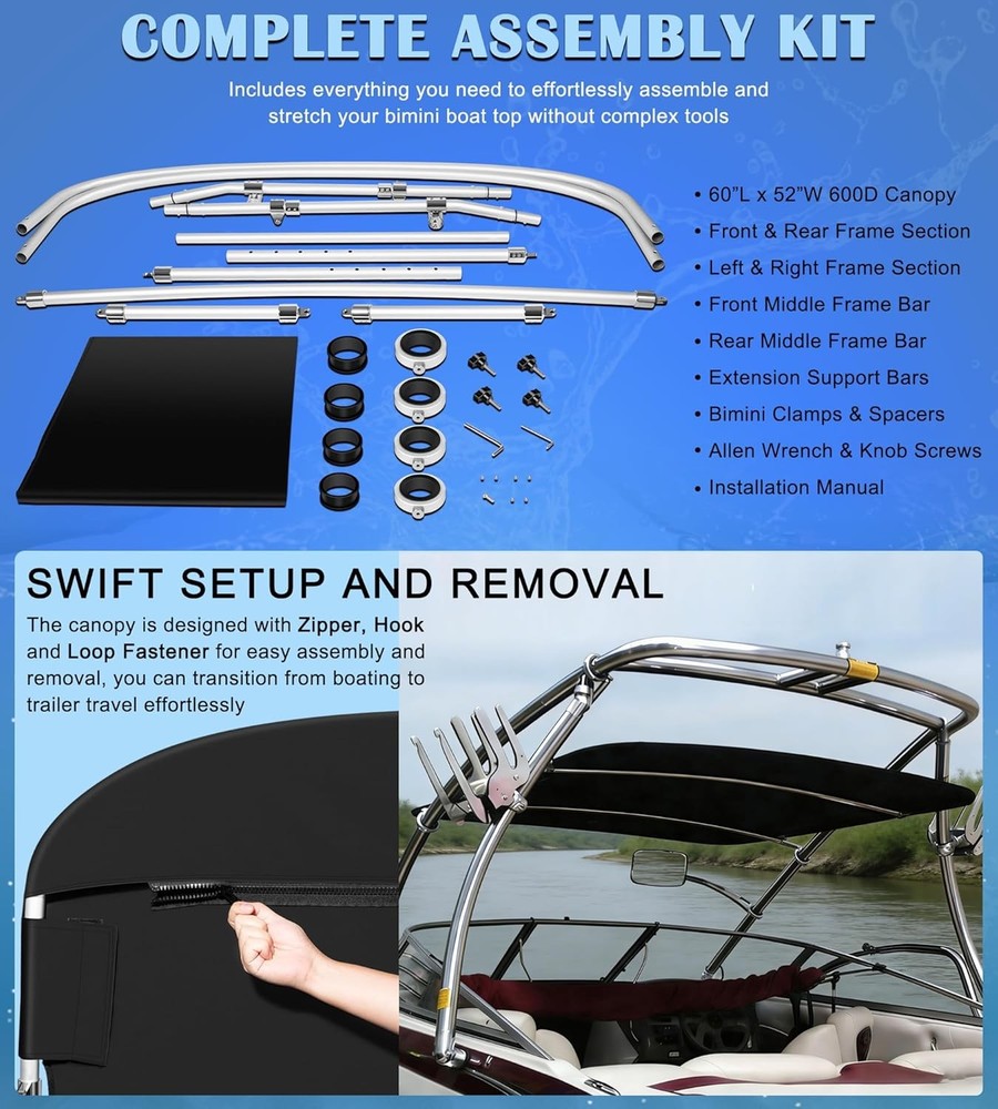 Universal Wakeboard Tower Mounted Flat Cargo Bimini Top Cover 600D Canvas Frame