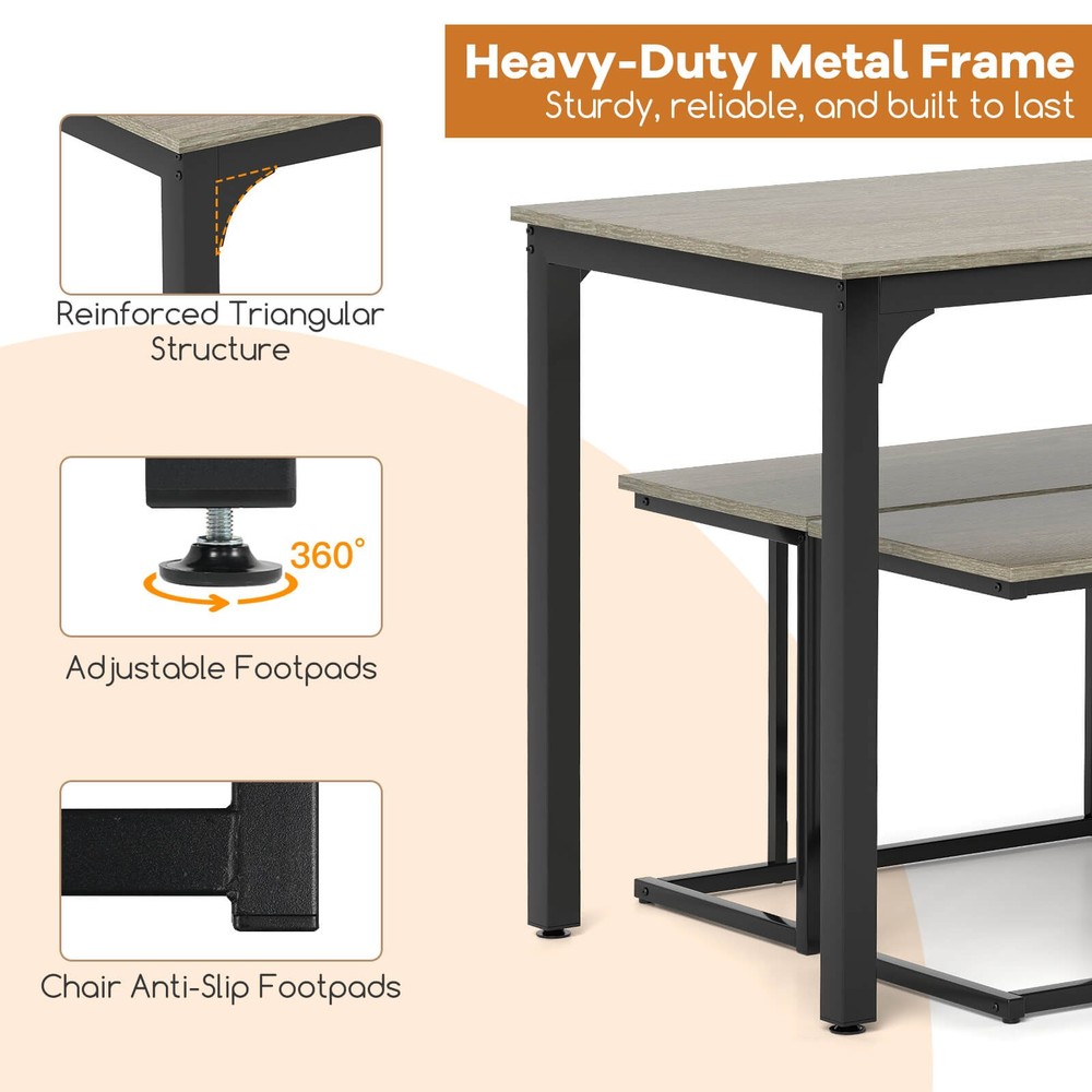 4-Piece Dining Table Set Industrial Kitchen Table Set W/ Bench & 2 Stools for 4