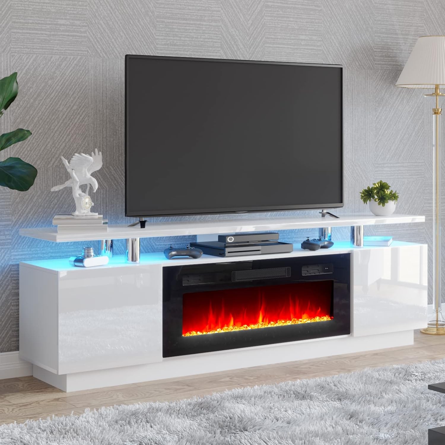 70 In 2 Tier TV Console Stand Cabinet With 36 In Electric Fireplace Heater White