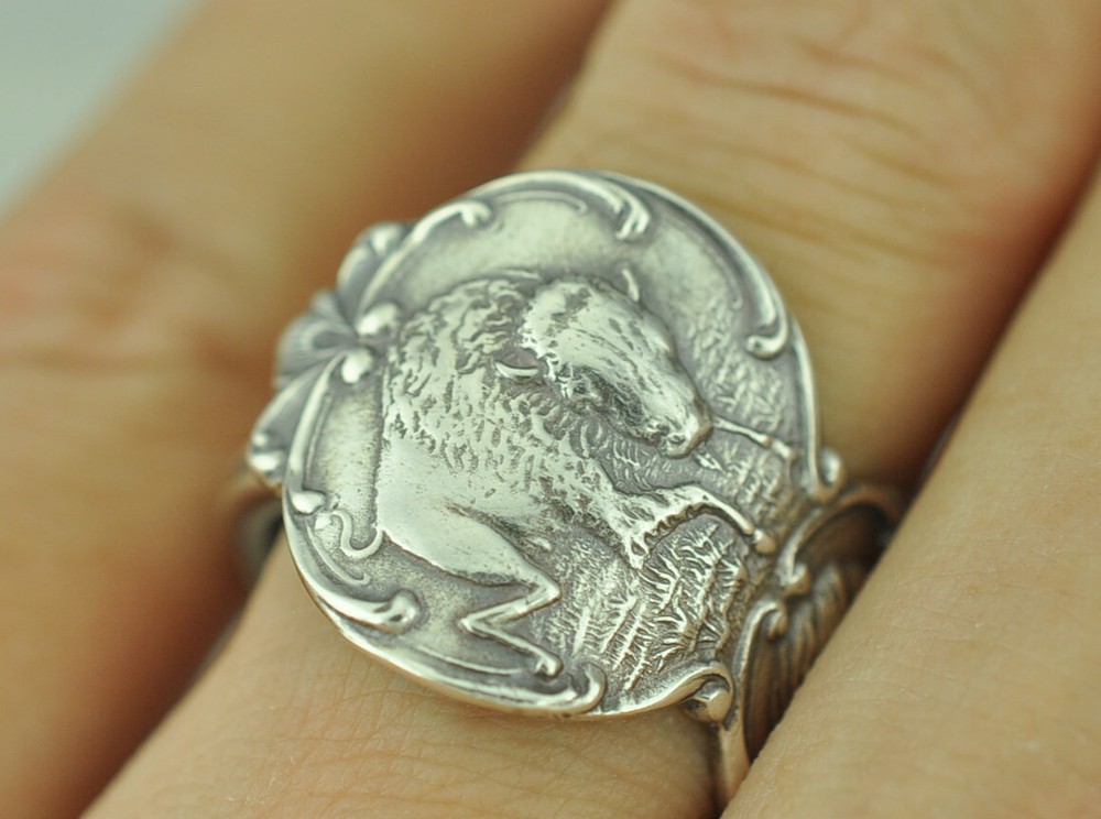 Solid 925 Sterling Silver Native American Bison Adjustable Spoon Ring