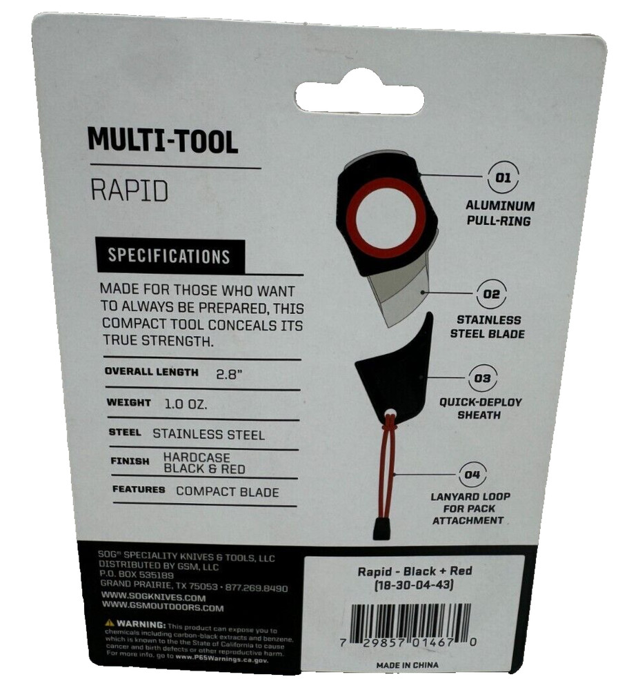 SOG Multi-Tool RAPID compact SS fixed blade knife/key ring Black Red 18300443
