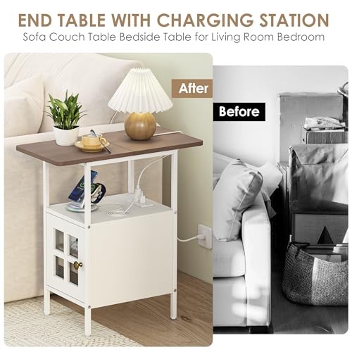 Farmhouse Narrow Side Table with Charging Station - 3-Tier End White-glass