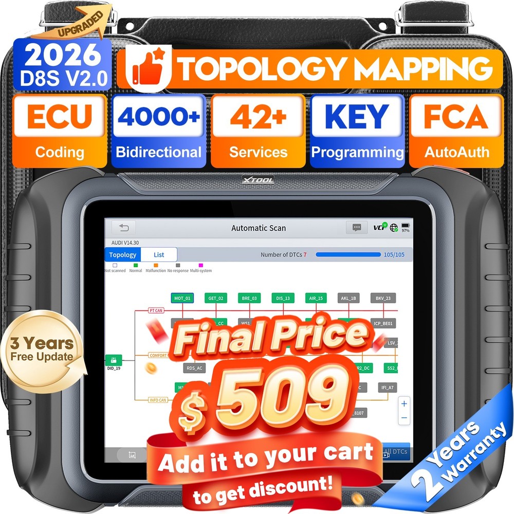 XTOOL D8S V2.0 Auto Diagnostic OBD2 Scanner ECU Coding Topo Mapping 42+ Services