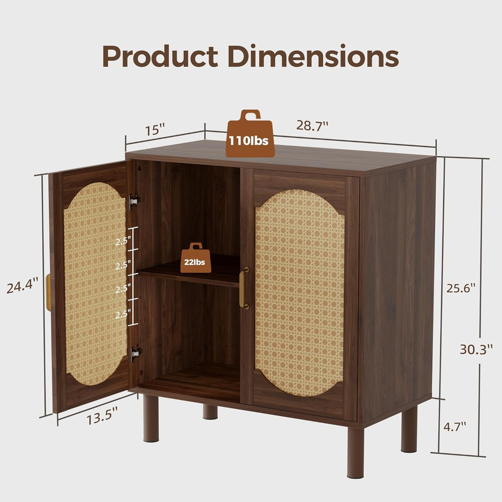 Boho Sideboard Buffet Cabinet with Storage - Walnut Imitation Rattan Design