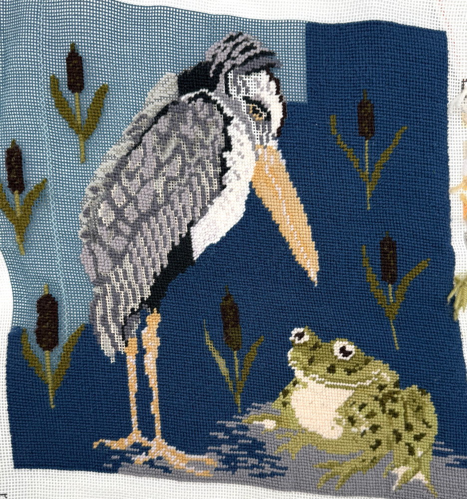 Beth Russell Frog & Stork Almost Completed Needlepoint Canvas Panel De Morgan
