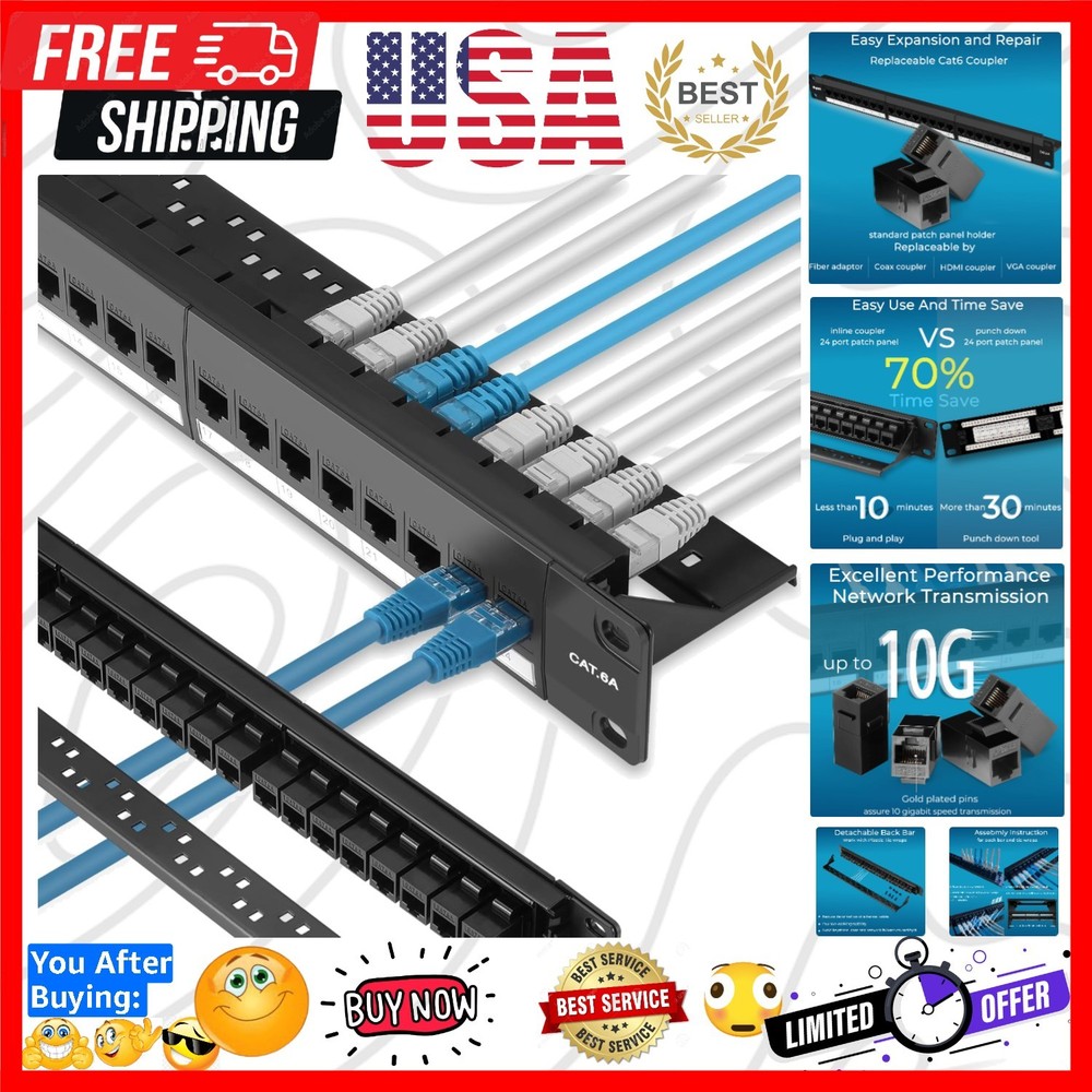 Patch Panel 24 Port Cat6A with Inline Keystone 10G Support, Pass-Thru Coupler...