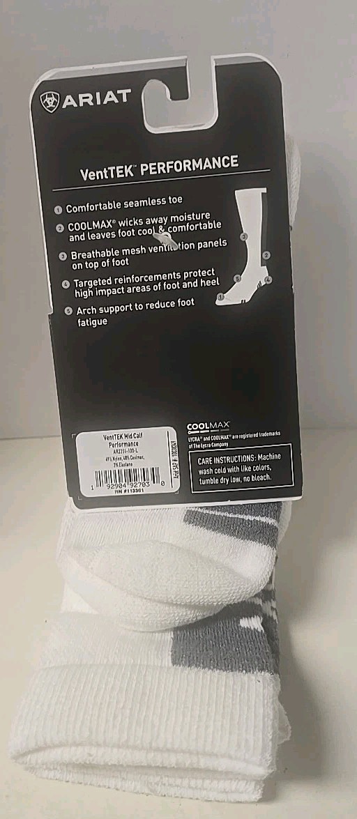 AriatTEK Performance Socks VentTEK White Gray Coolmax Breathable New