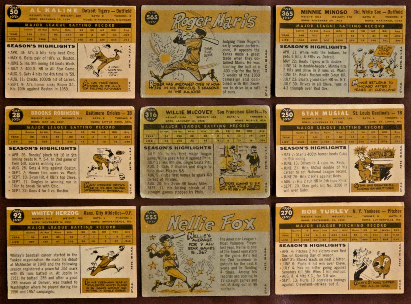 1960 Topps HOF Lot (9) McCovey RC Musial Maris BRob Kaline Minoso Fox MORE! L/M