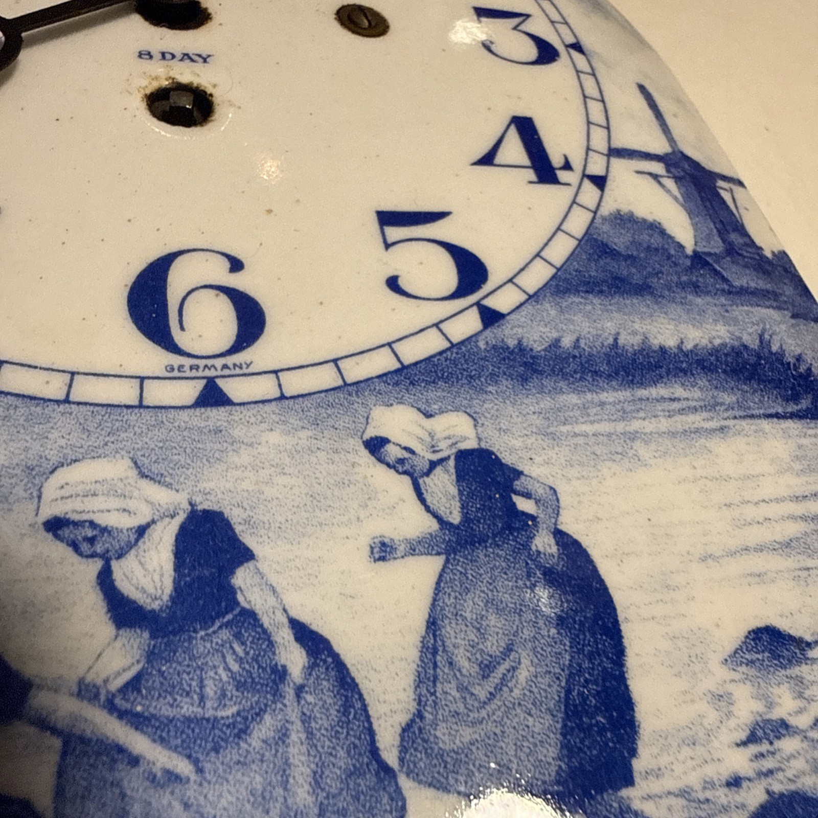 Vtg Delft Germany Blue And White Porcelain Wall Clock Windmill